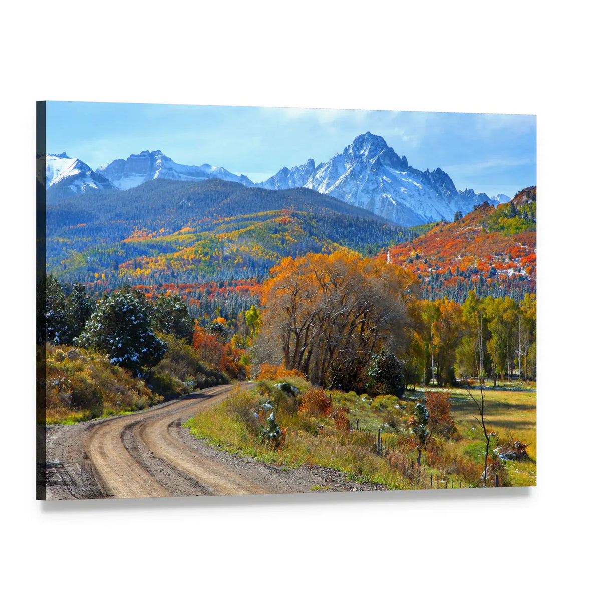 Ridgeway Colorado Autumn Mountain Road Canvas Wall Art, single panel gallery wrapped canvas, angled product view