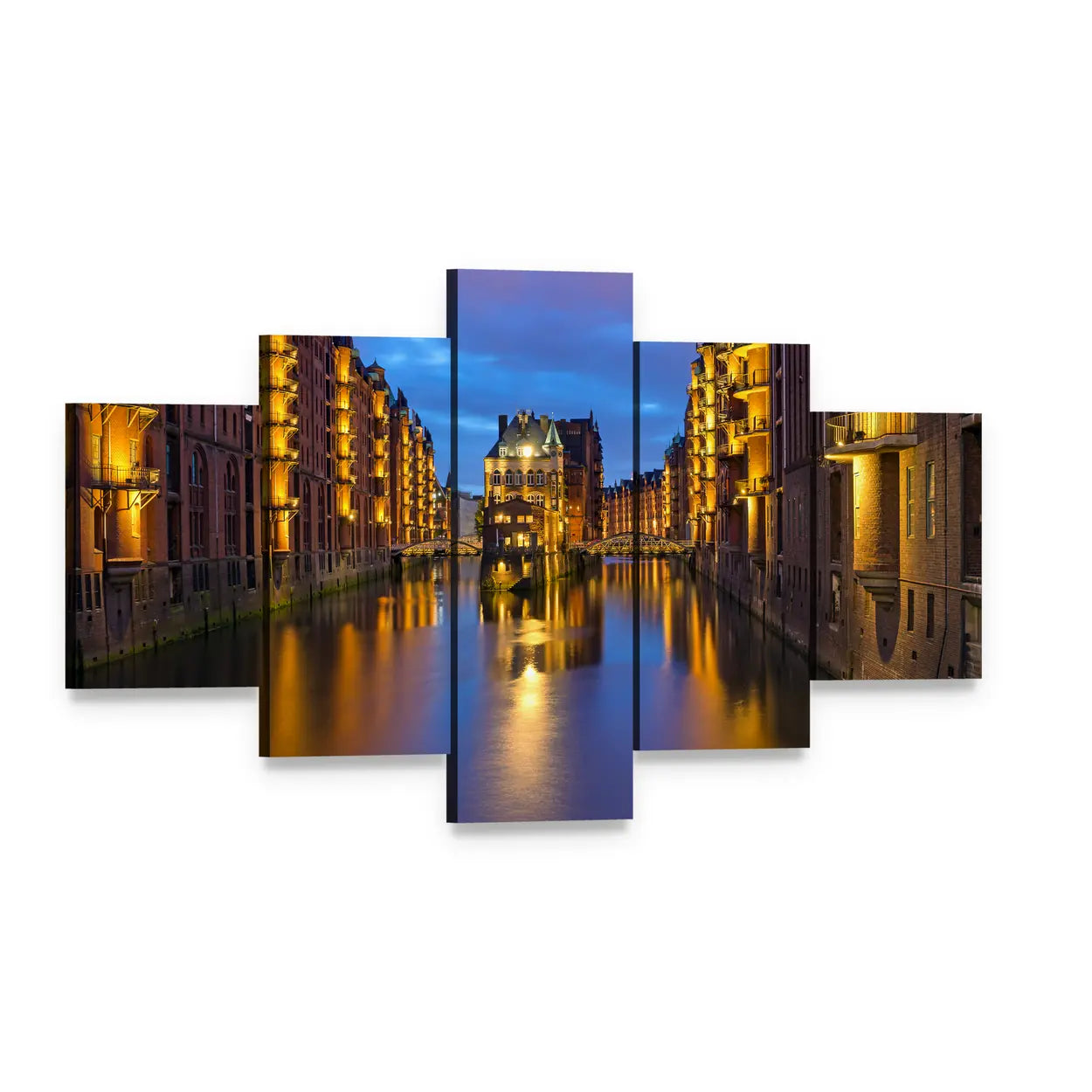 Historic Speicherstadt Evening, Hamburg Canvas Wall Art, 5 panel 5 Star layout gallery wrapped canvas set, angled product view