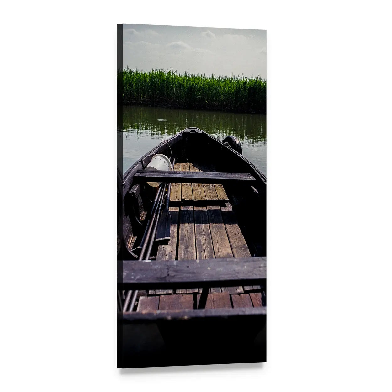 Wooden Boat on Calm Lake Vertical Canvas Wall Art, 1 panel 1 Vertical layout gallery wrapped canvas set, angled product view