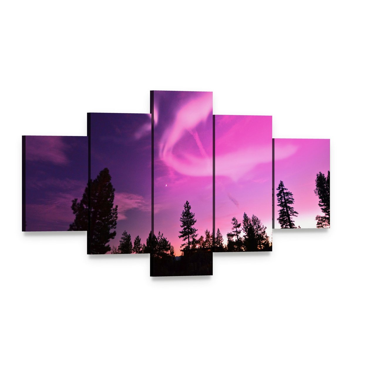 Pink Northern Lights Canvas Wall Art, 5 panel 5 Star layout gallery wrapped canvas set, angled product view