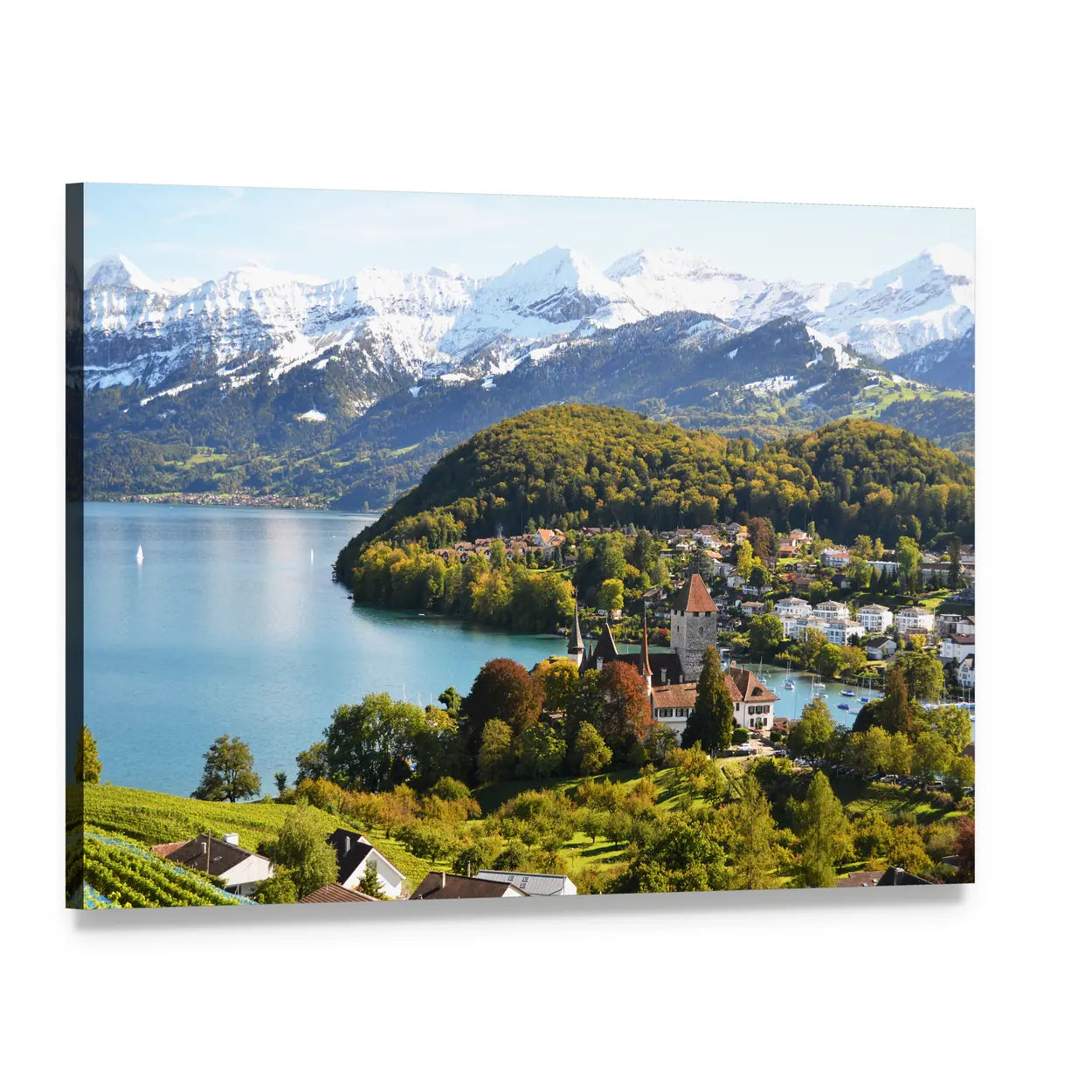 Spiez Castle with Lake and Snow-capped Alps Canvas Wall Art, single panel gallery wrapped canvas, angled product view