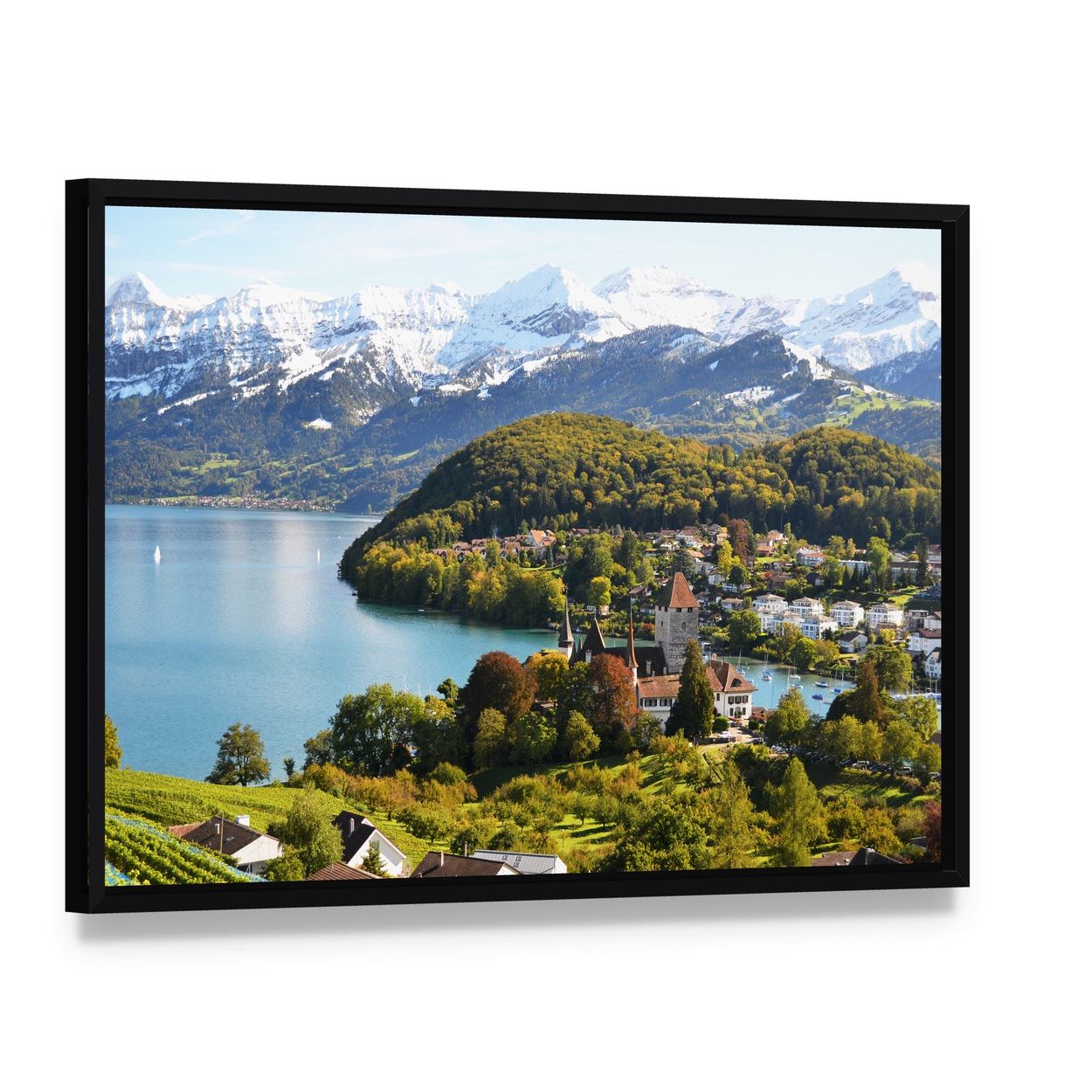 Spiez Castle Switzerland Canvas Wall Art, framed canvas in a black floater frame, angled product view