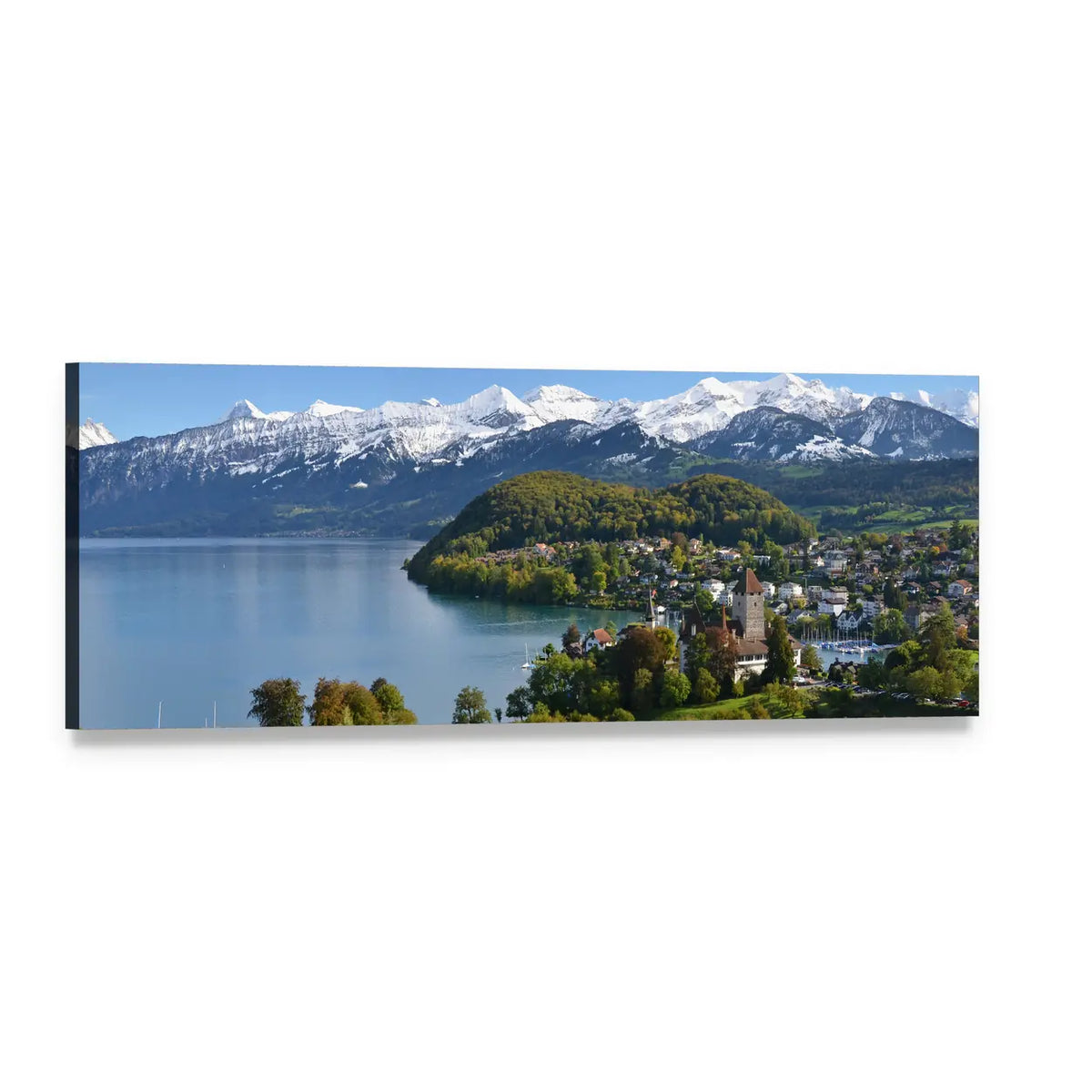 Spiez Castle in Switzerland Panoramic Canvas Wall Art, single panel gallery wrapped canvas, angled product view