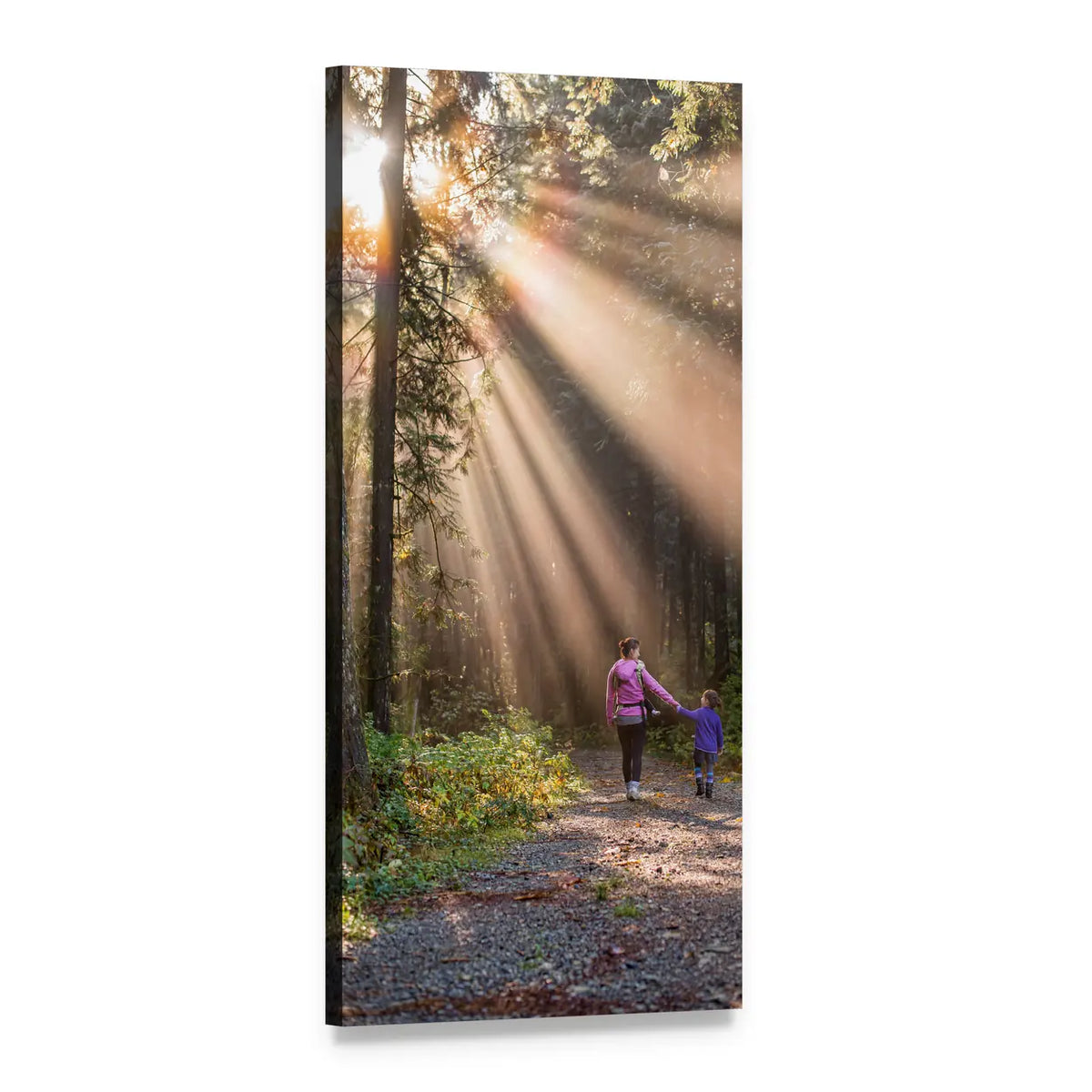 Mother and Child Walking in Forest Vertical Canvas Wall Art, 1 panel 1 Vertical layout gallery wrapped canvas set, angled product view