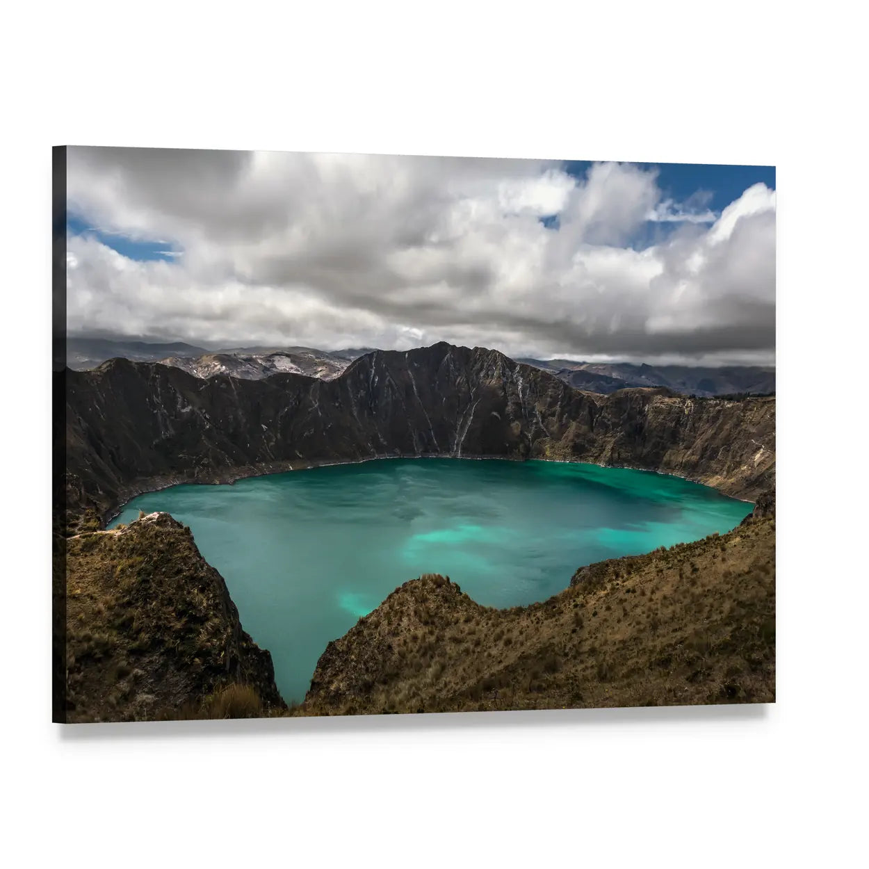 Volcanic Crater Lake with Turquoise Water Canvas Wall Art, single panel gallery wrapped canvas, angled product view