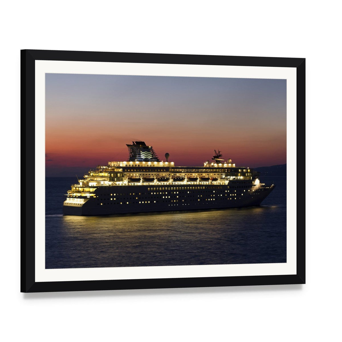 Cruise Ship at Sunset Canvas Wall Art, framed print with white mat and black frame, angled product view