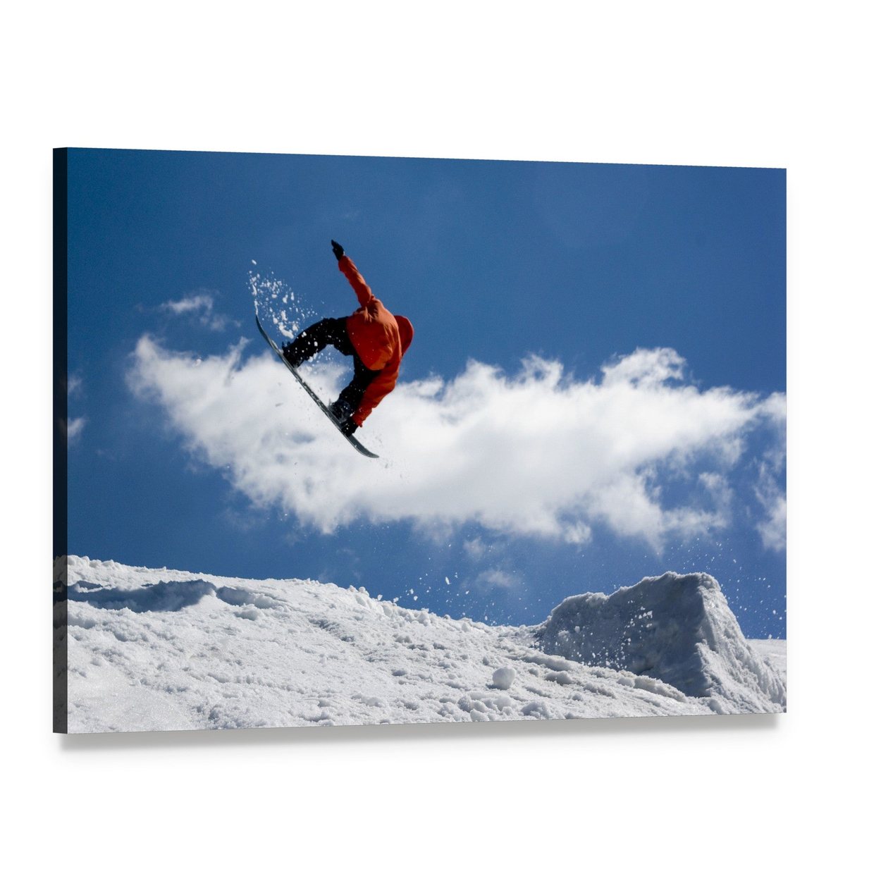 Snowboarder Jump from Snow Ramp Canvas Wall Art, single panel gallery wrapped canvas, angled product view