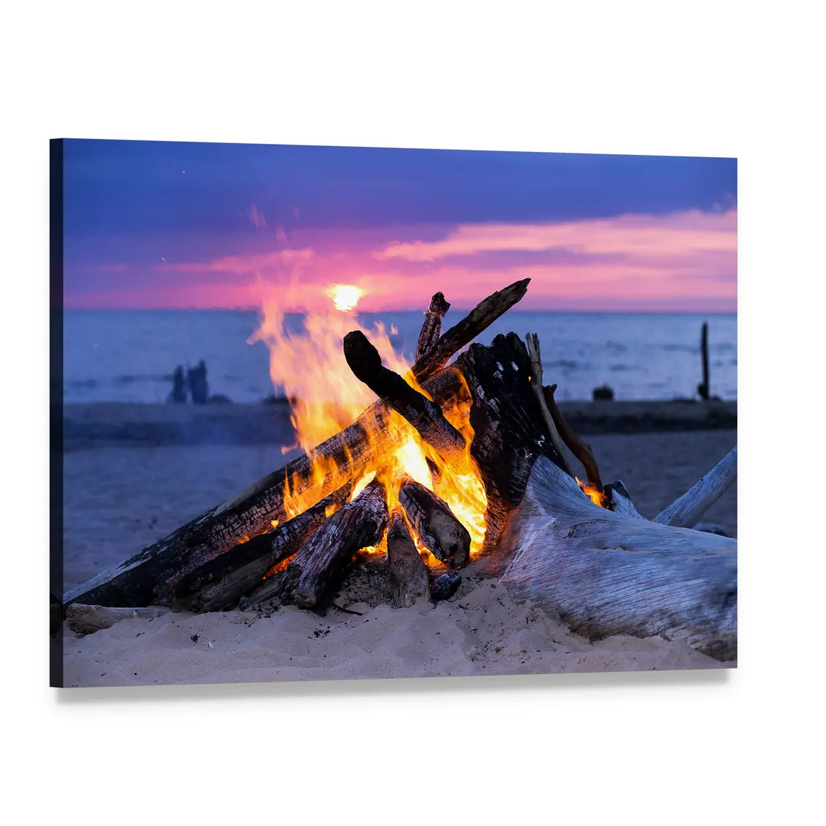 Bonfire on Beach Canvas Wall Art, single panel gallery wrapped canvas, angled product view