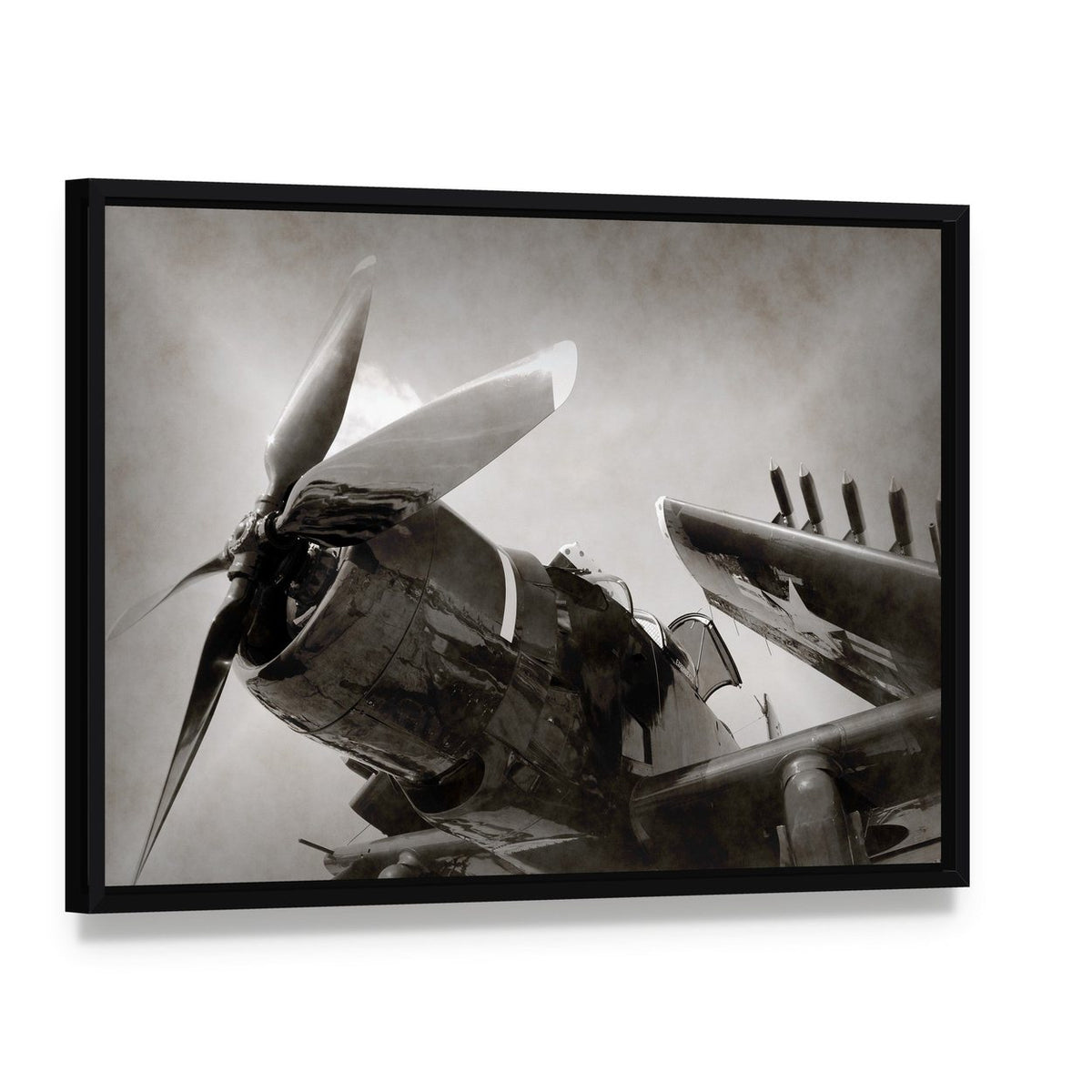 World War Ii Navy Fighter Plane with Folded Wings Canvas Wall Art, framed canvas in a black floater frame, angled product view