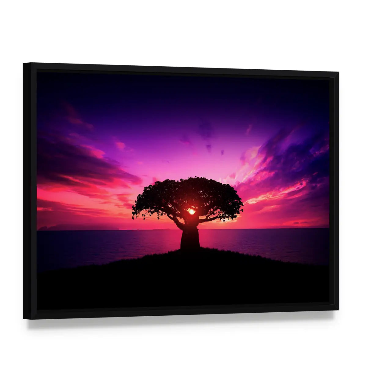 Baobab Tree at Sunset Canvas Wall Art, framed canvas in a black floater frame, angled product view