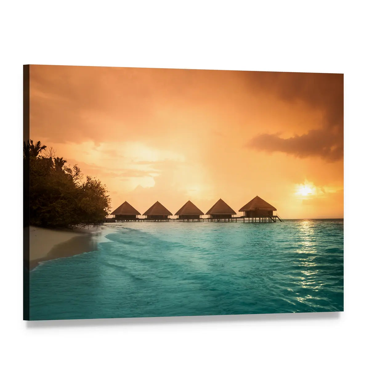 Sunset Overwater Bungalows Canvas Wall Art, single panel gallery wrapped canvas, angled product view