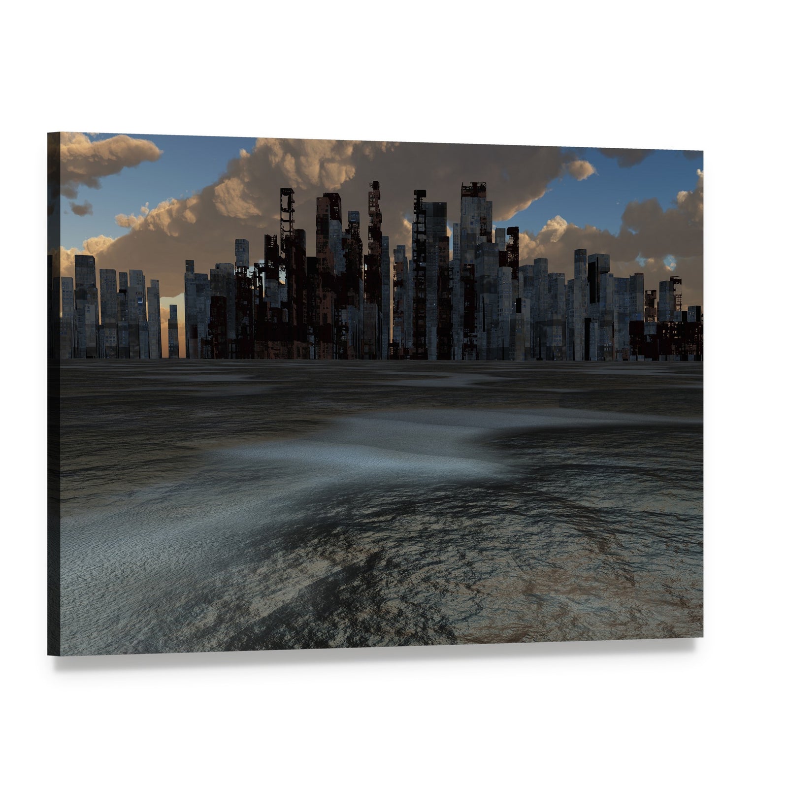 Abandoned Waterfront Cityscape Canvas Wall Art, single panel gallery wrapped canvas, angled product view