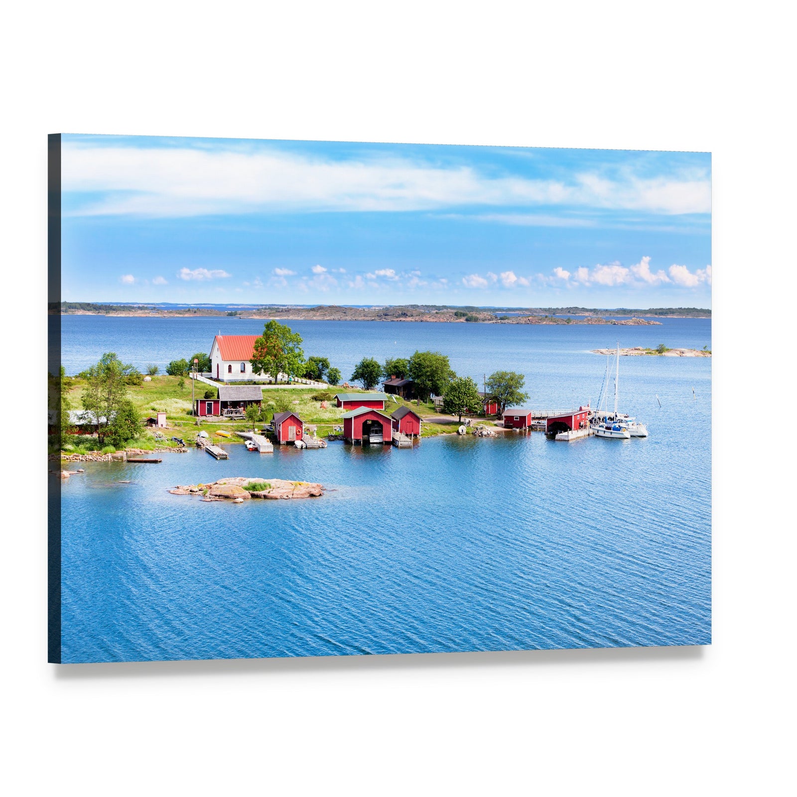 Finnish Archipelago Village with Red Roofs Canvas Wall Art, single panel gallery wrapped canvas, angled product view