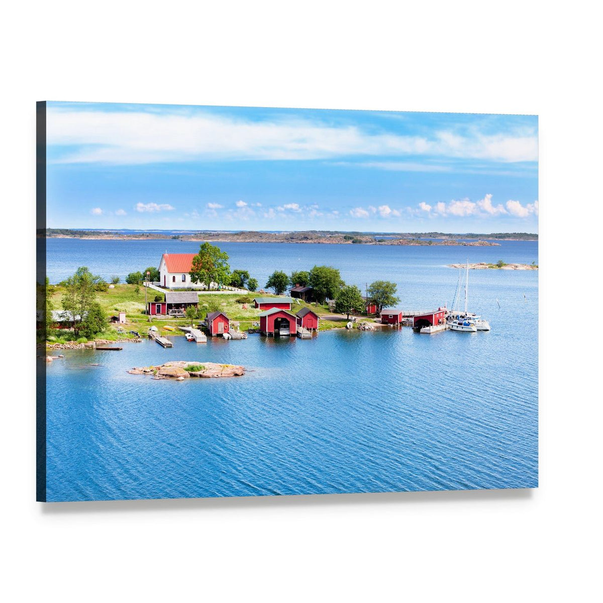 Finnish Archipelago Village with Red Roofs Canvas Wall Art, single panel gallery wrapped canvas, angled product view