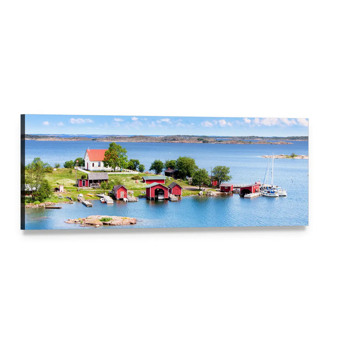 Finnish Island Coastal Village Panoramic Canvas Wall Art, single panel gallery wrapped canvas, angled product view