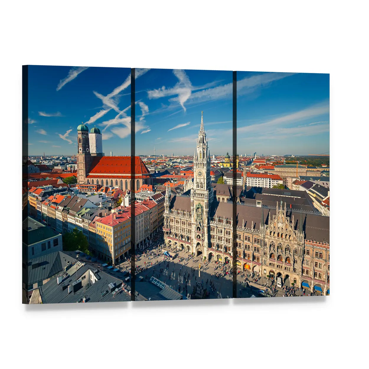 Aerial View of Marienplatz, Munich Canvas Wall Art, 3 panel 3 Horizontal layout gallery wrapped canvas set, angled product view