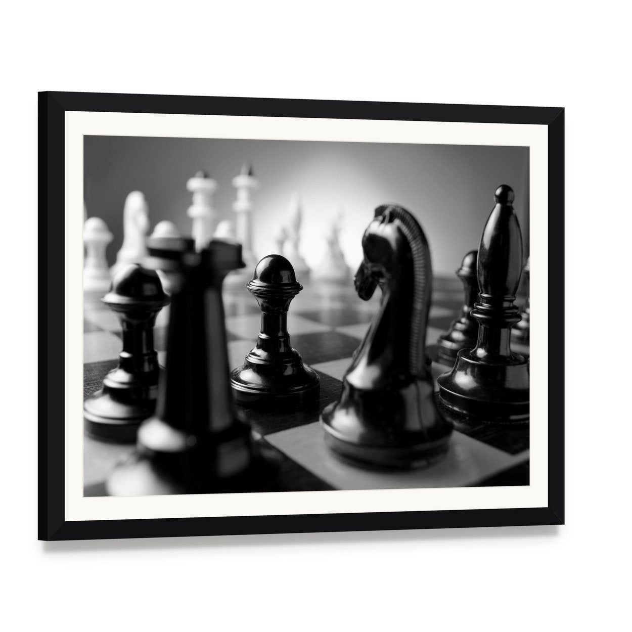 Chess Board Canvas Wall Art, framed print with white mat and black frame, angled product view