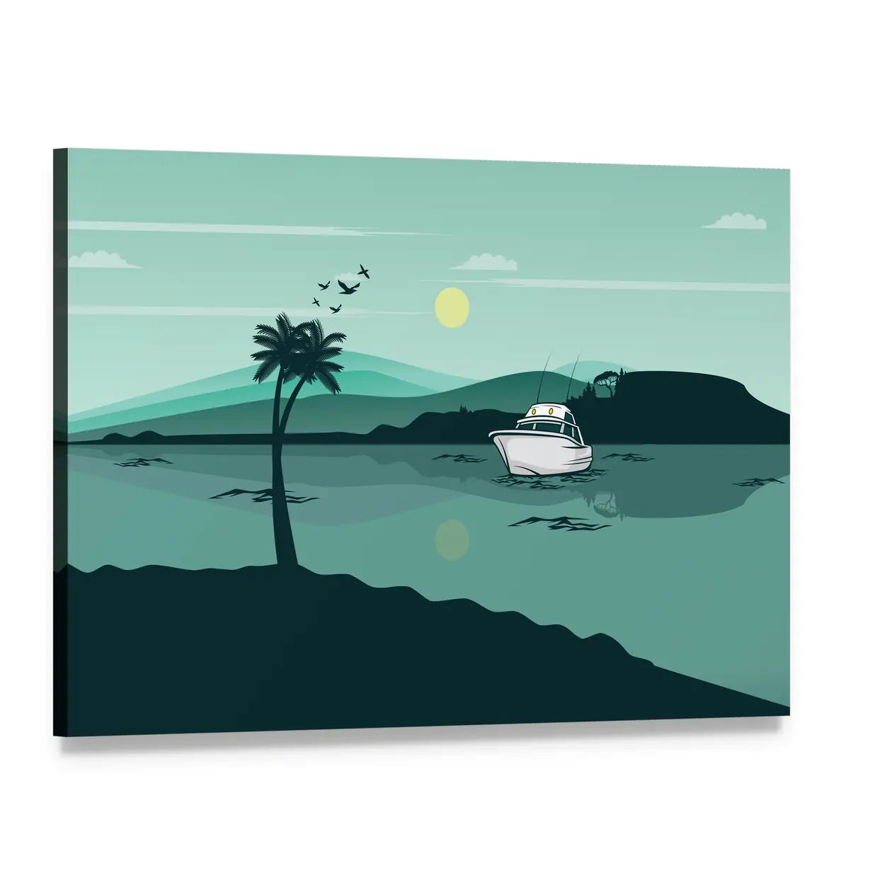 Sunlit Lake Reflection with Palm and Yacht Canvas Wall Art, single panel gallery wrapped canvas, angled product view