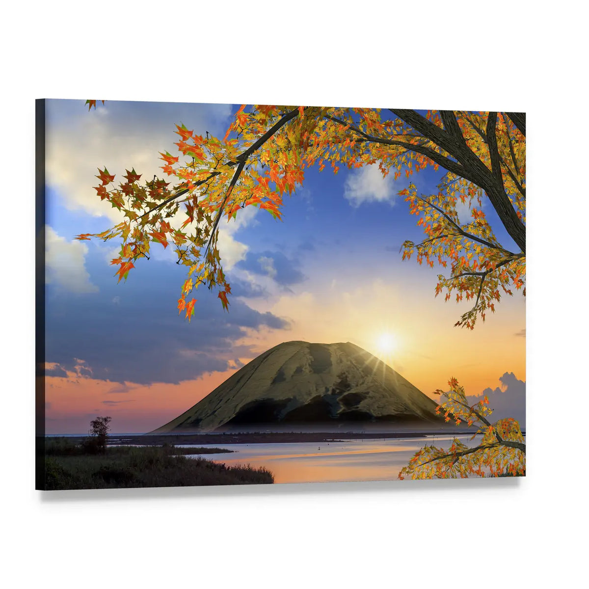 Autumn Mountain Lake at Sunset Canvas Wall Art, single panel gallery wrapped canvas, angled product view