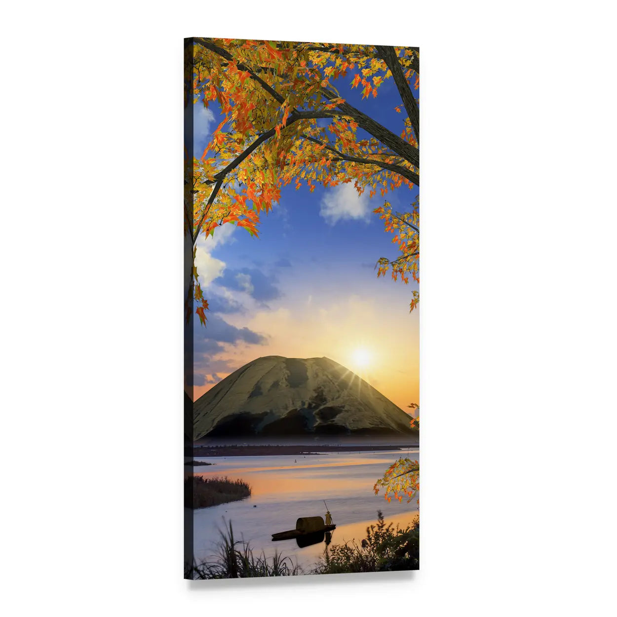 Autumn Mountain Lake with Fisherman Vertical Canvas Wall Art, 1 panel 1 Vertical layout gallery wrapped canvas set, angled product view