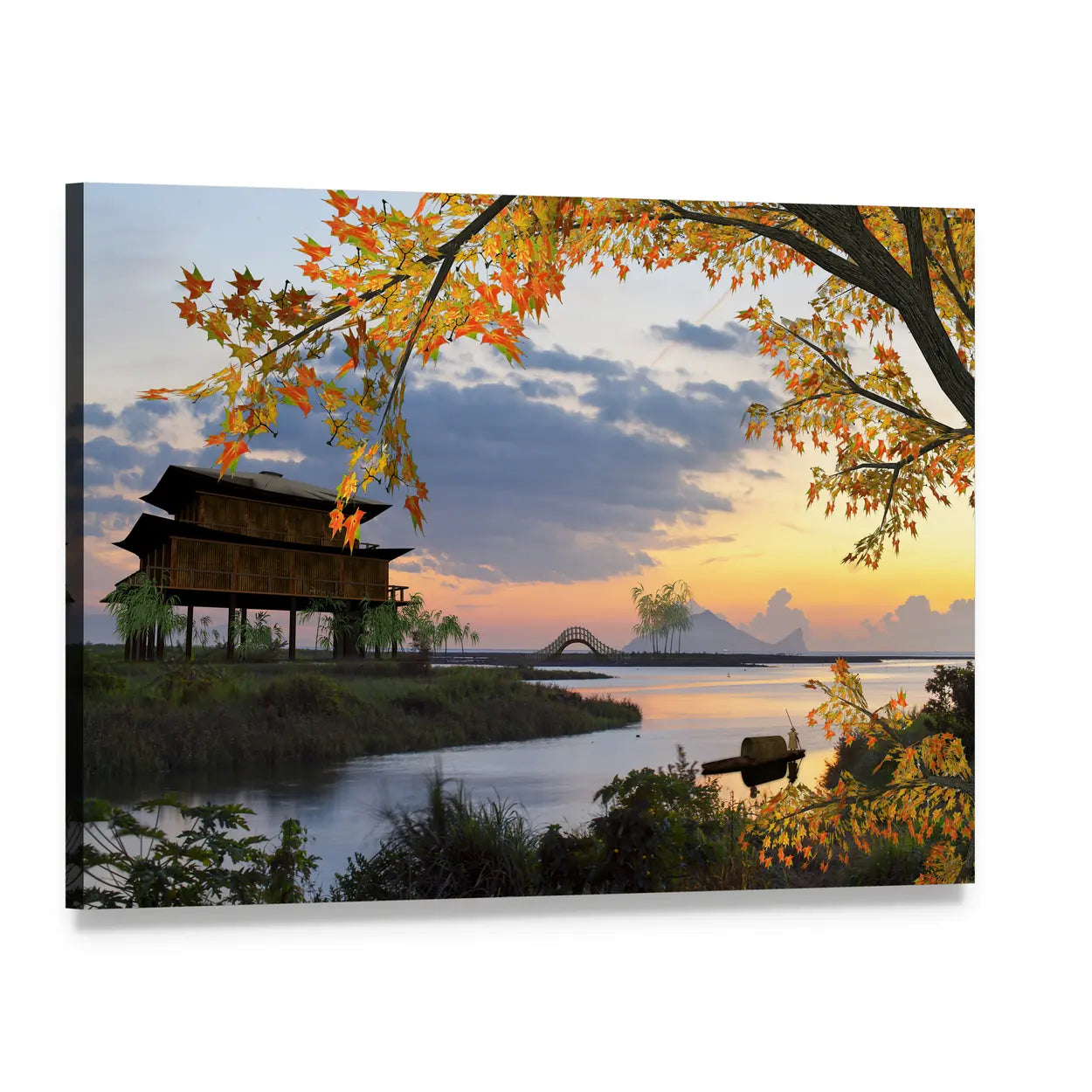 Lakeside Pagoda and Stone Bridge at Sunset Canvas Wall Art, single panel gallery wrapped canvas, angled product view