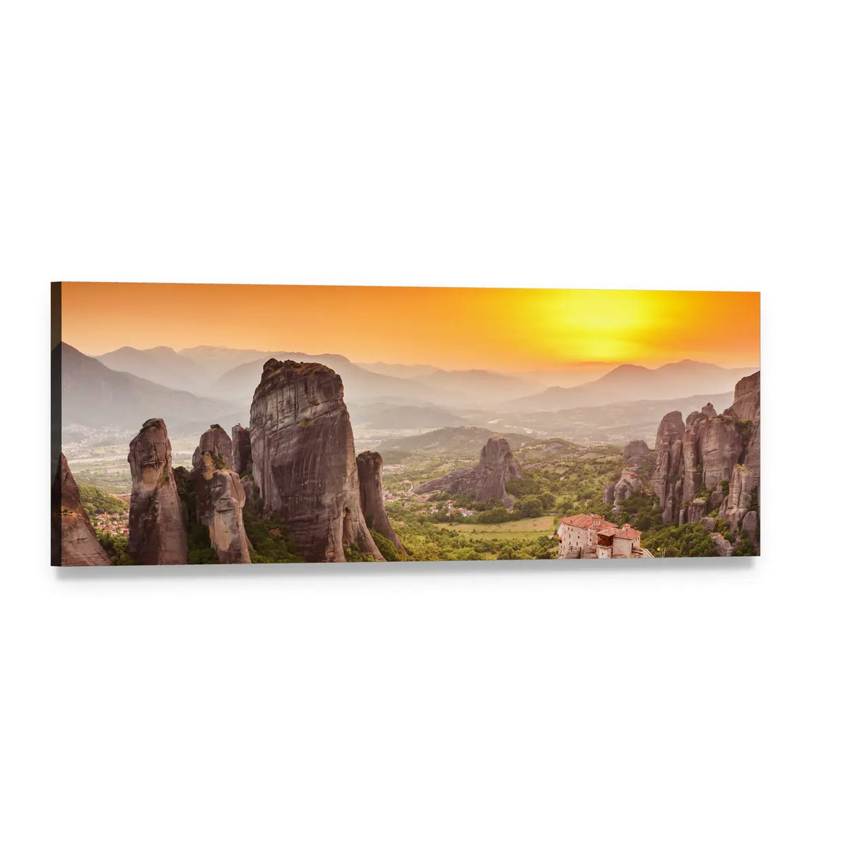 Monastery of Rousanou at Sunset Panoramic Canvas Wall Art, single panel gallery wrapped canvas, angled product view