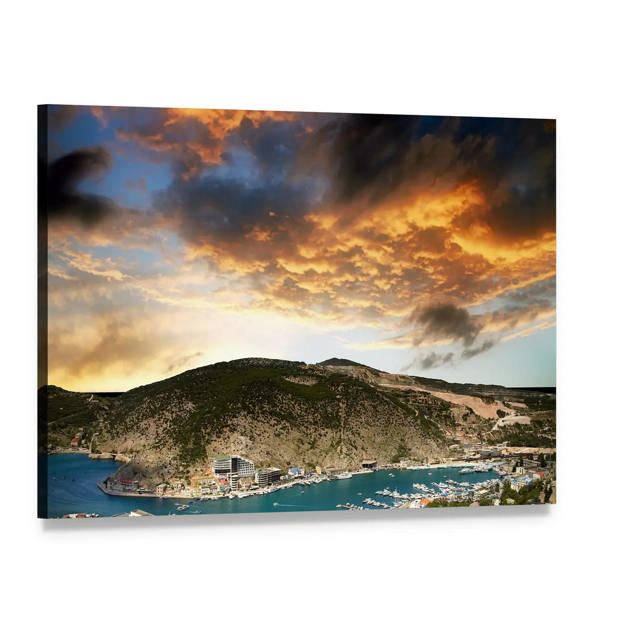 Sunset Harbor with Mountainous Hills Canvas Wall Art, single panel gallery wrapped canvas, angled product view