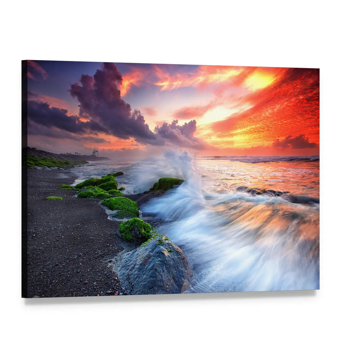 Burning Sky Over Black Sand Beach Canvas Wall Art, single panel gallery wrapped canvas, angled product view