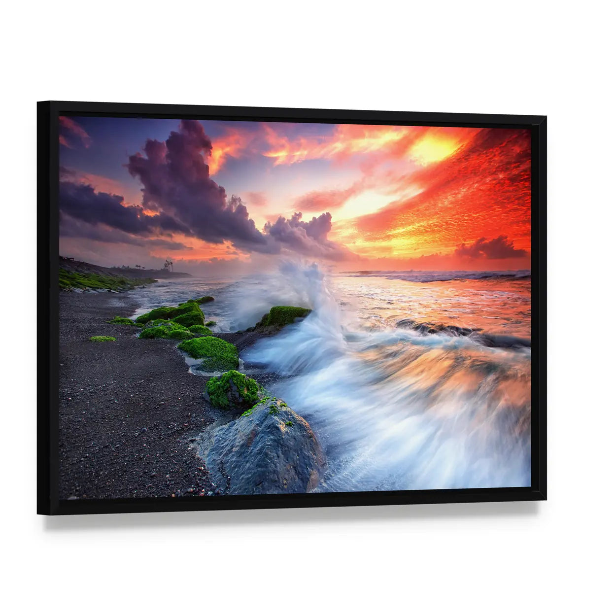 Burning Sky Over Black Sand Beach Canvas Wall Art, framed canvas in a black floater frame, angled product view
