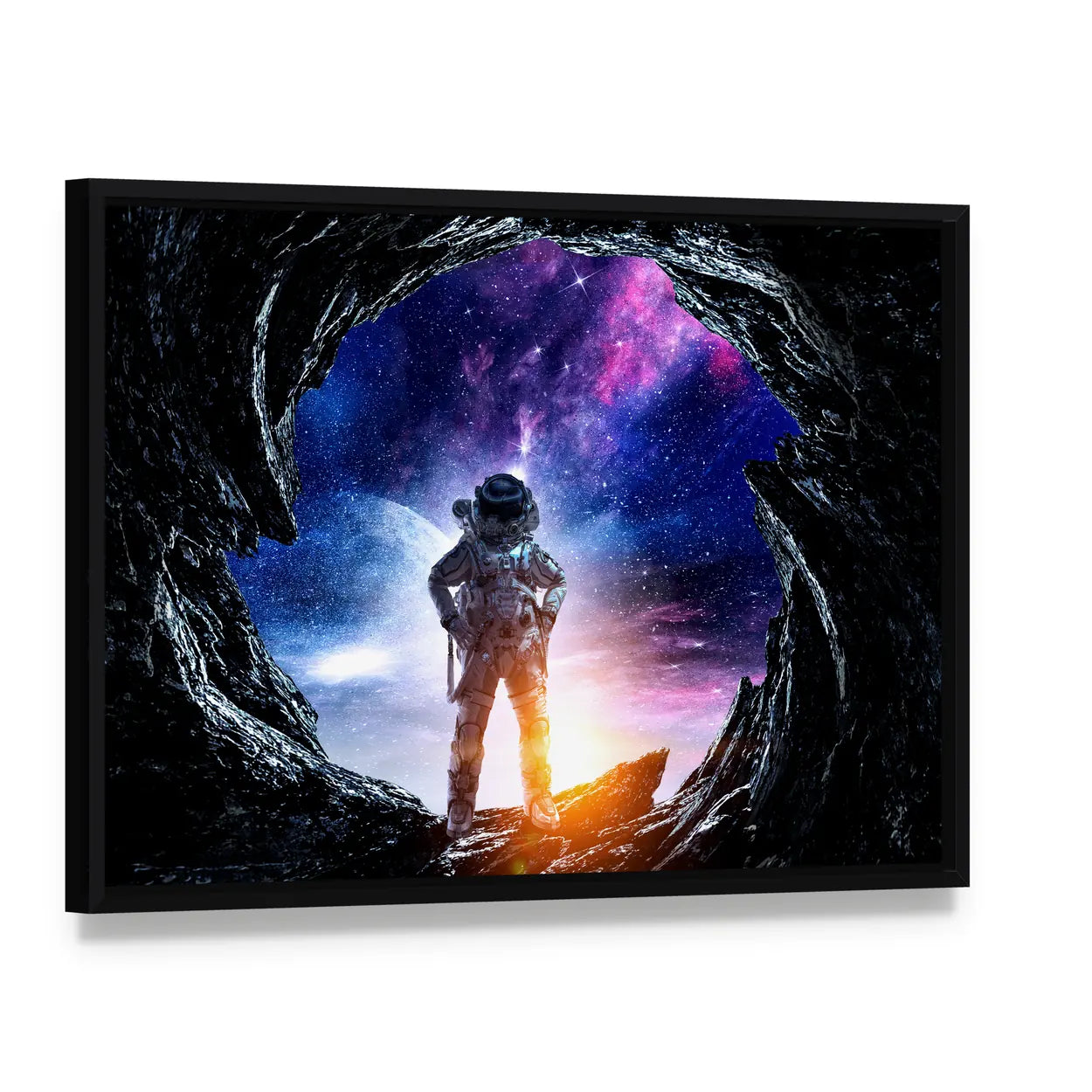 Astronaut at Spacewalk Canvas Wall Art, framed canvas in a black floater frame, angled product view