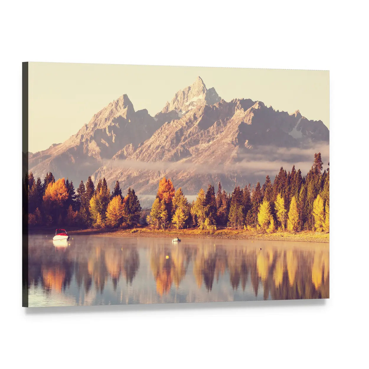 Grand Teton Autumn Lake Reflection Canvas Wall Art, single panel gallery wrapped canvas, angled product view