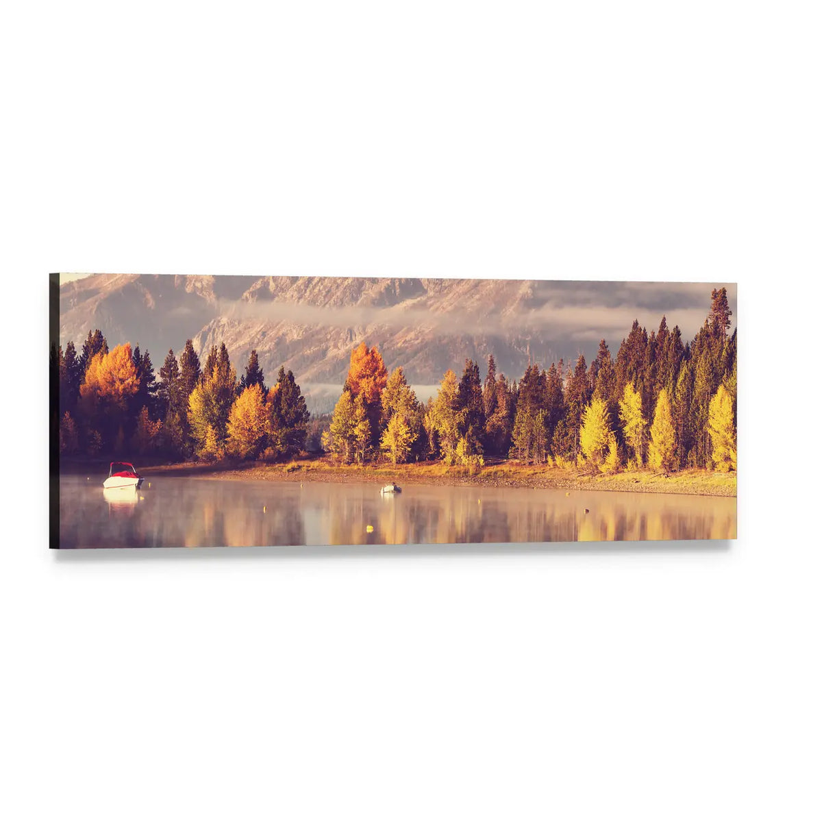 Autumn Mountain Lake with White Boat Panoramic Canvas Wall Art, single panel gallery wrapped canvas, angled product view