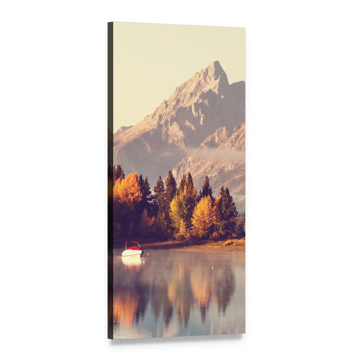Grand Teton Autumn Lake Reflection Vertical Canvas Wall Art, 1 panel 1 Vertical layout gallery wrapped canvas set, angled product view