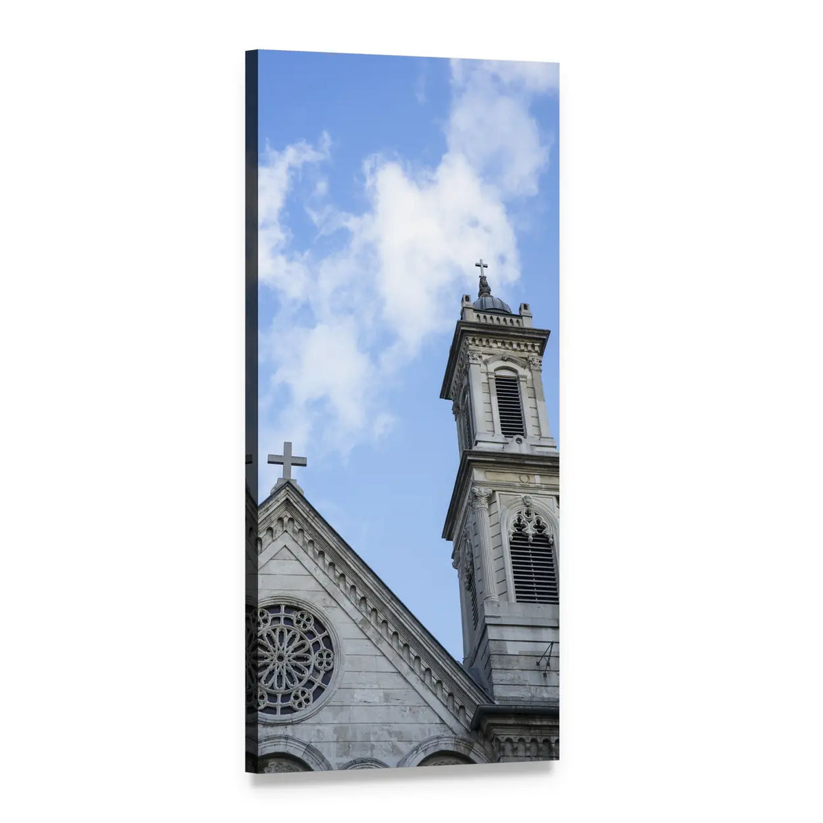 Stone Church with Rose Window and Bell Tower Vertical Canvas Wall Art, 1 panel 1 Vertical layout gallery wrapped canvas set, angled product view