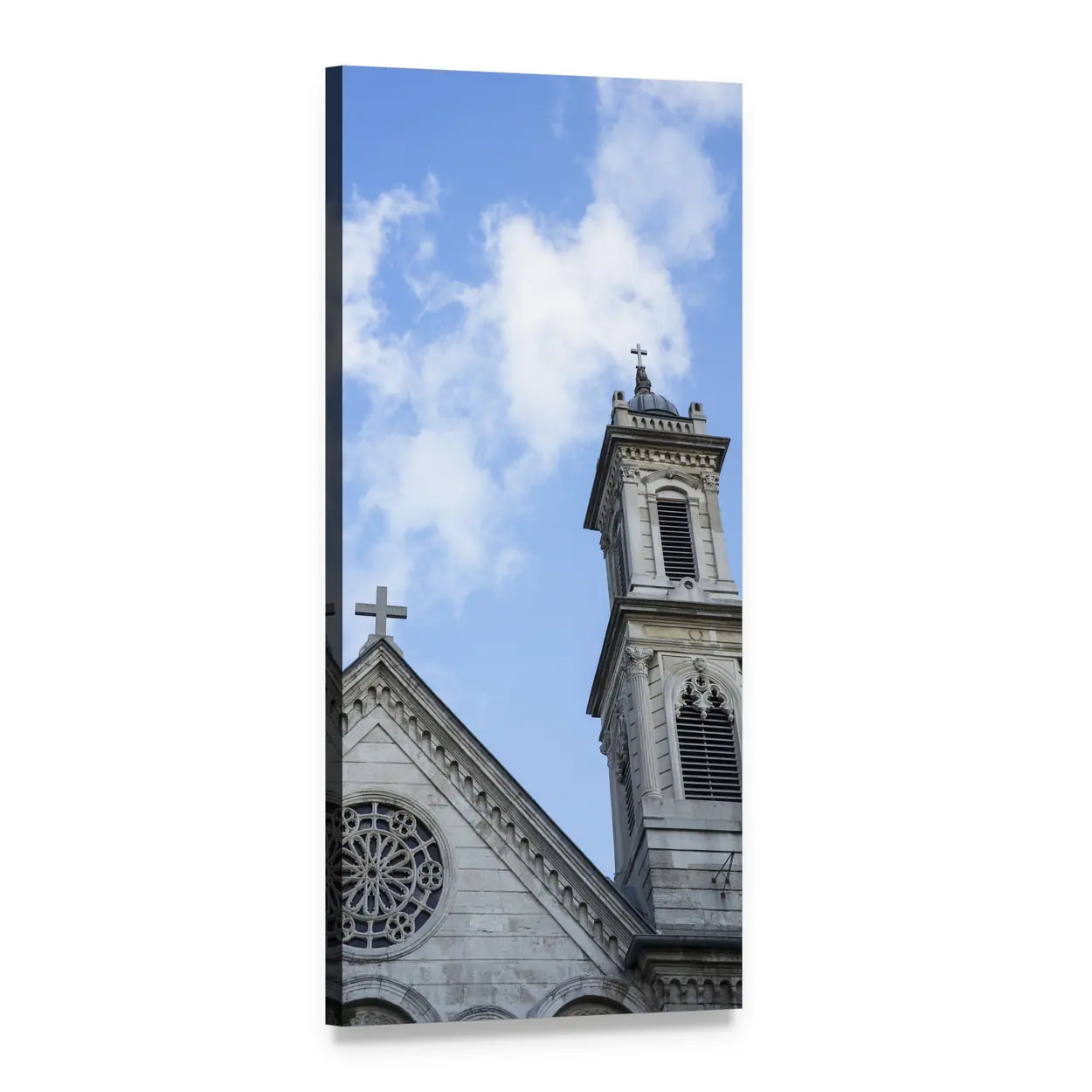 Stone Church with Rose Window and Bell Tower Vertical Canvas Wall Art, 1 panel 1 Vertical layout gallery wrapped canvas set, angled product view