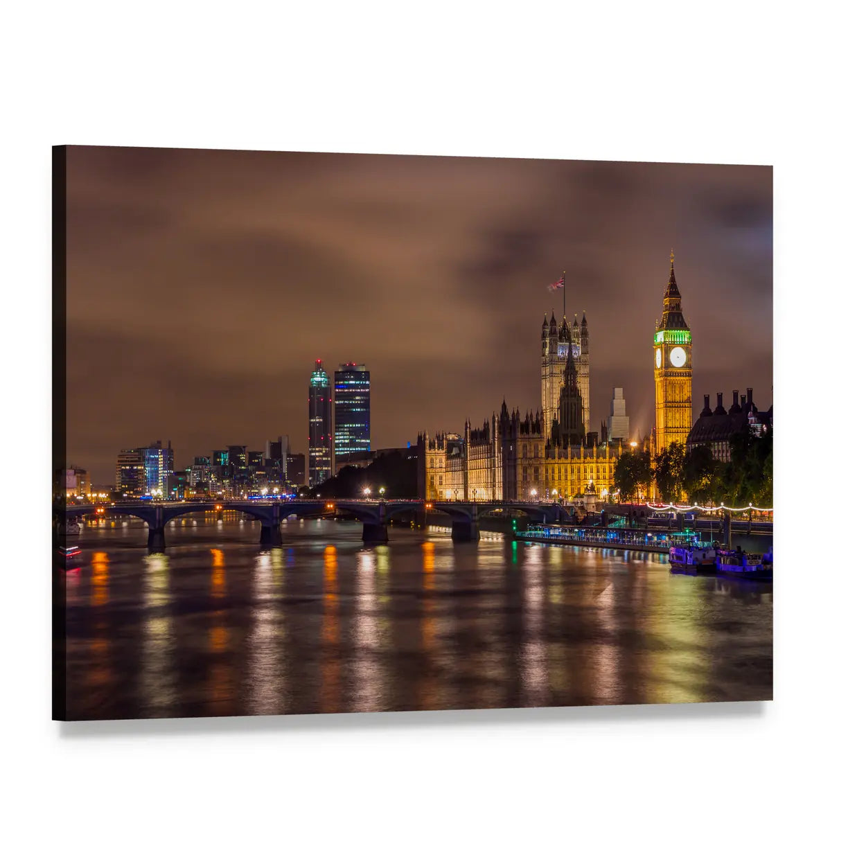Westminster Bridge at Night Canvas Wall Art, single panel gallery wrapped canvas, angled product view