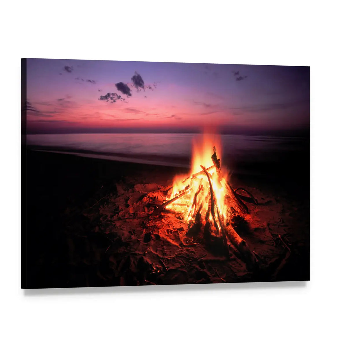 Lakeside Beach Campfire Canvas Wall Art, single panel gallery wrapped canvas, angled product view