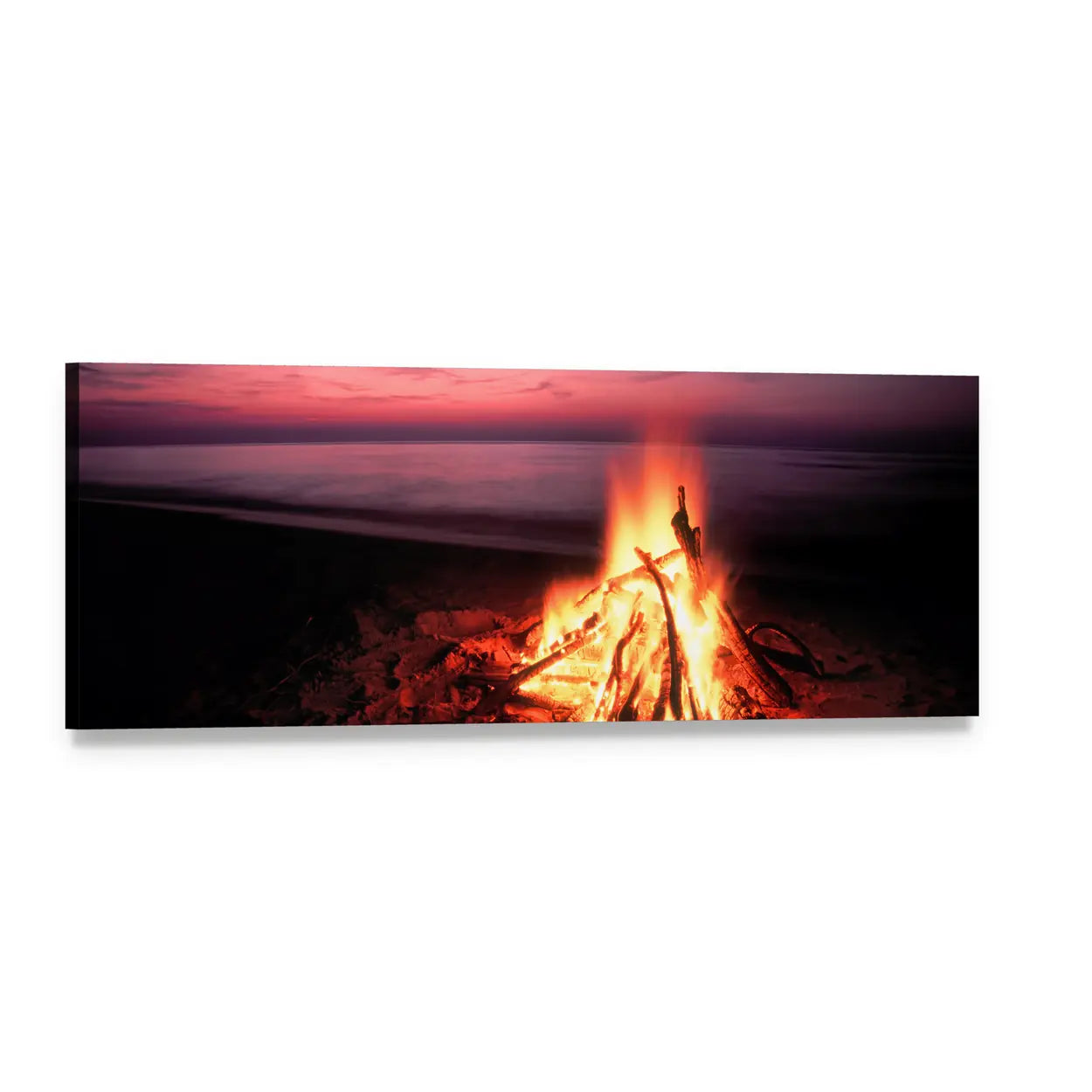 Beach Campfire on Lake Panoramic Canvas Wall Art, single panel gallery wrapped canvas, angled product view