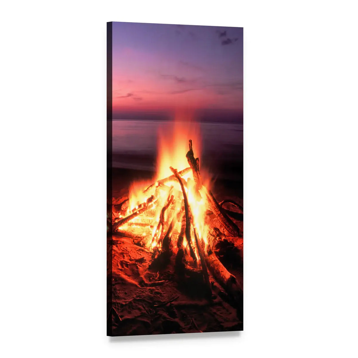 Lakeside Beach Campfire Vertical Canvas Wall Art, 1 panel 1 Vertical layout gallery wrapped canvas set, angled product view