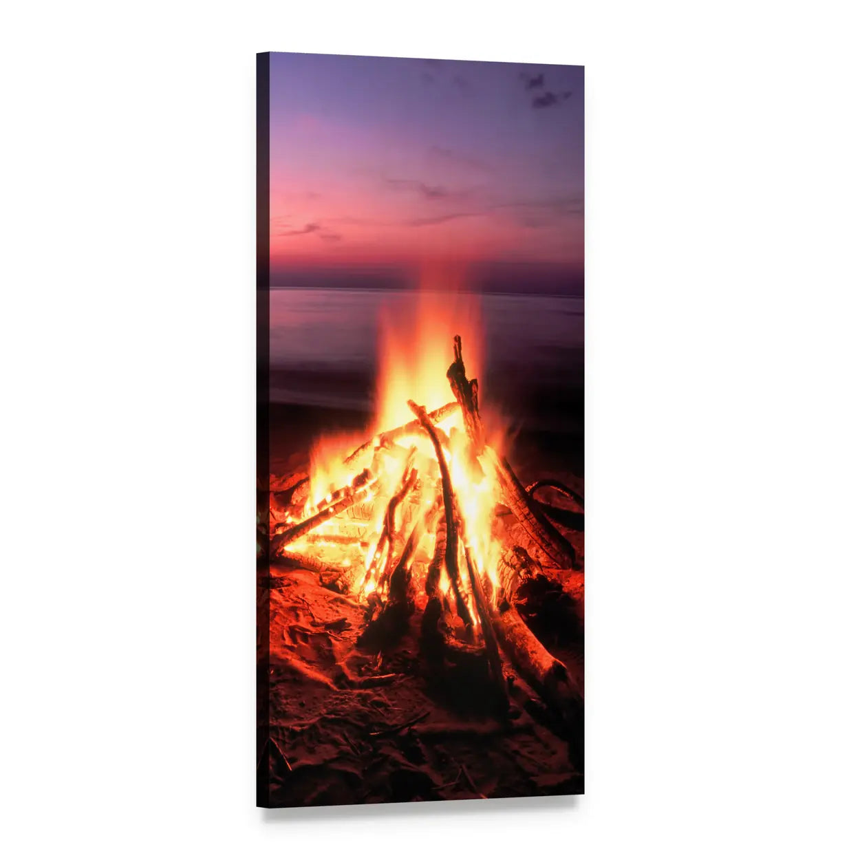 Lakeside Beach Campfire Vertical Canvas Wall Art, 1 panel 1 Vertical layout gallery wrapped canvas set, angled product view