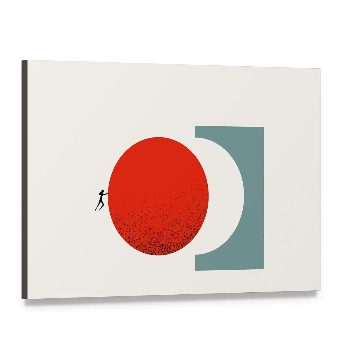 Silhouette Pushing Red Circle Canvas Wall Art, single panel gallery wrapped canvas, angled product view