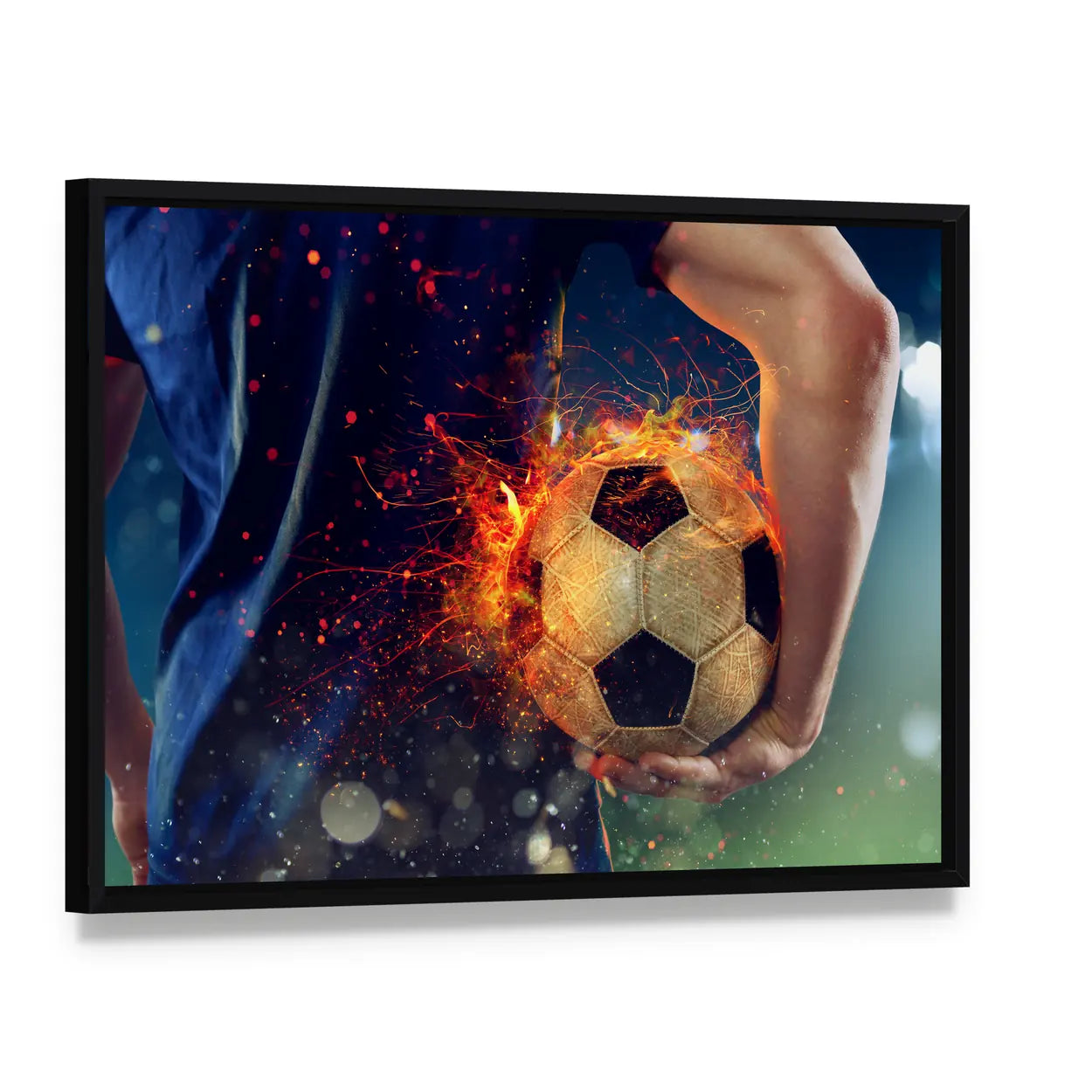 Soccer Ball Engulfed in Flames Canvas Wall Art, framed canvas in a black floater frame, angled product view