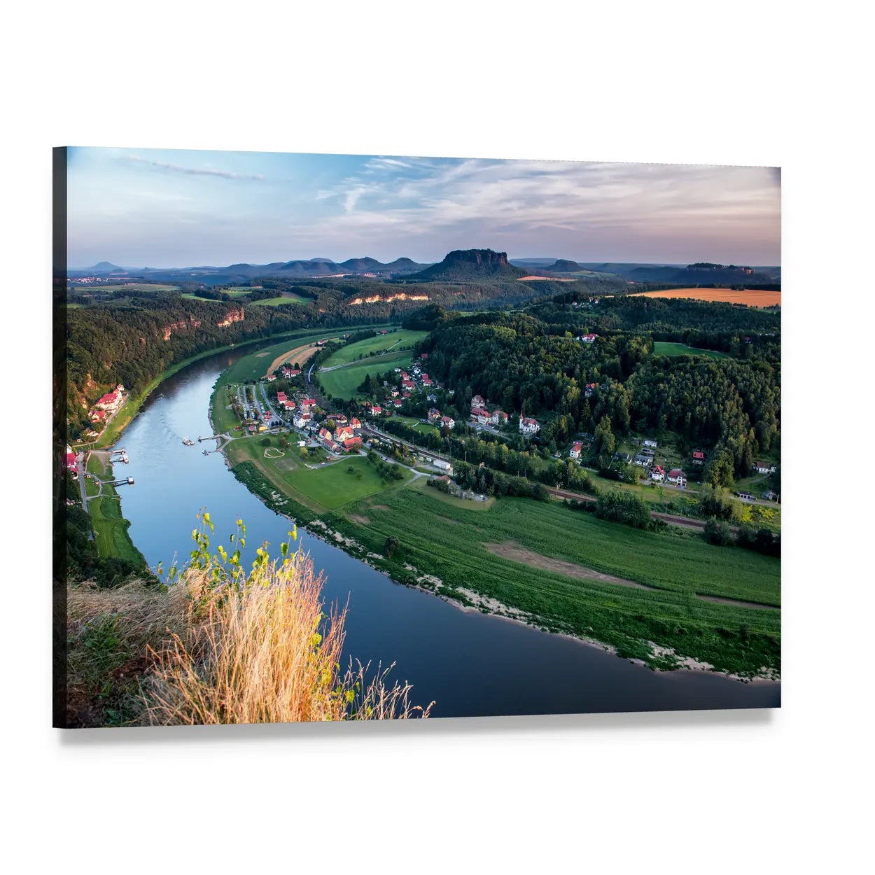 Evening River Valley with Red-roof Village Canvas Wall Art, single panel gallery wrapped canvas, angled product view