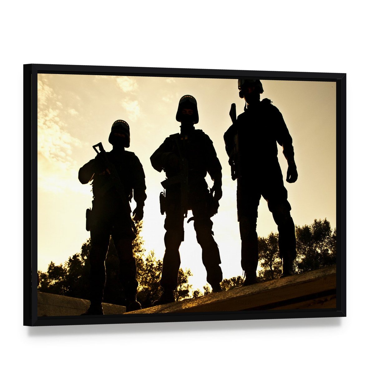 Silhouettes of Swat Officers Holding Guns Canvas Wall Art, framed canvas in a black floater frame, angled product view