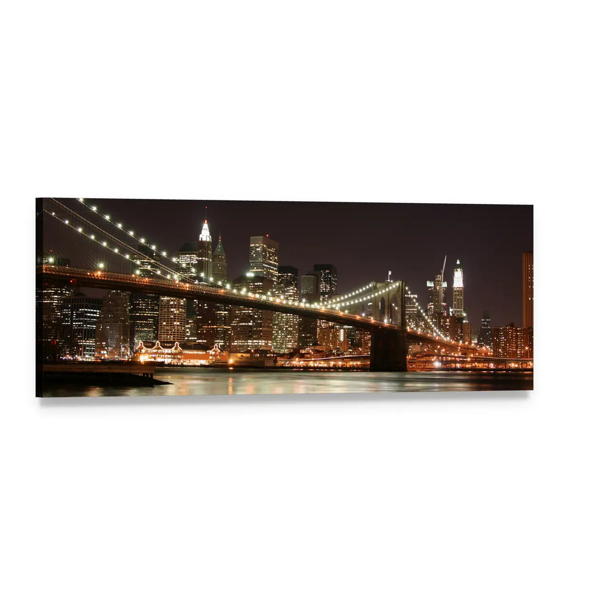 Manhattan Skyline at Night Panoramic Canvas Wall Art, single panel gallery wrapped canvas, angled product view