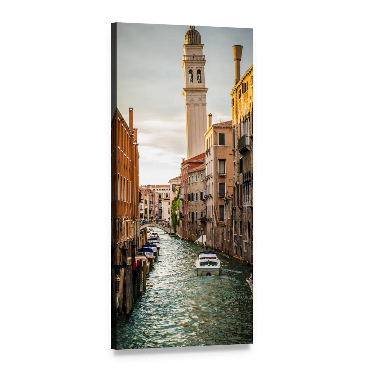 Venetian Canal with Bell Tower Vertical Canvas Wall Art, 1 panel 1 Vertical layout gallery wrapped canvas set, angled product view