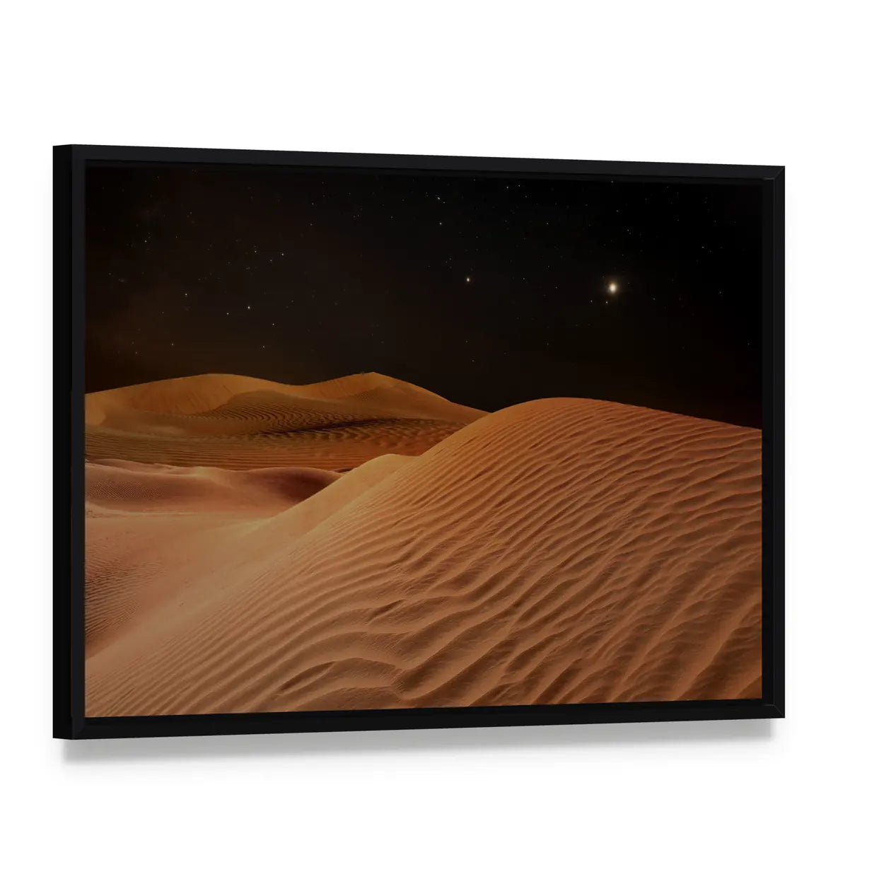 Sandy Desert Under Starry Night Sky Canvas Wall Art, framed canvas in a black floater frame, angled product view