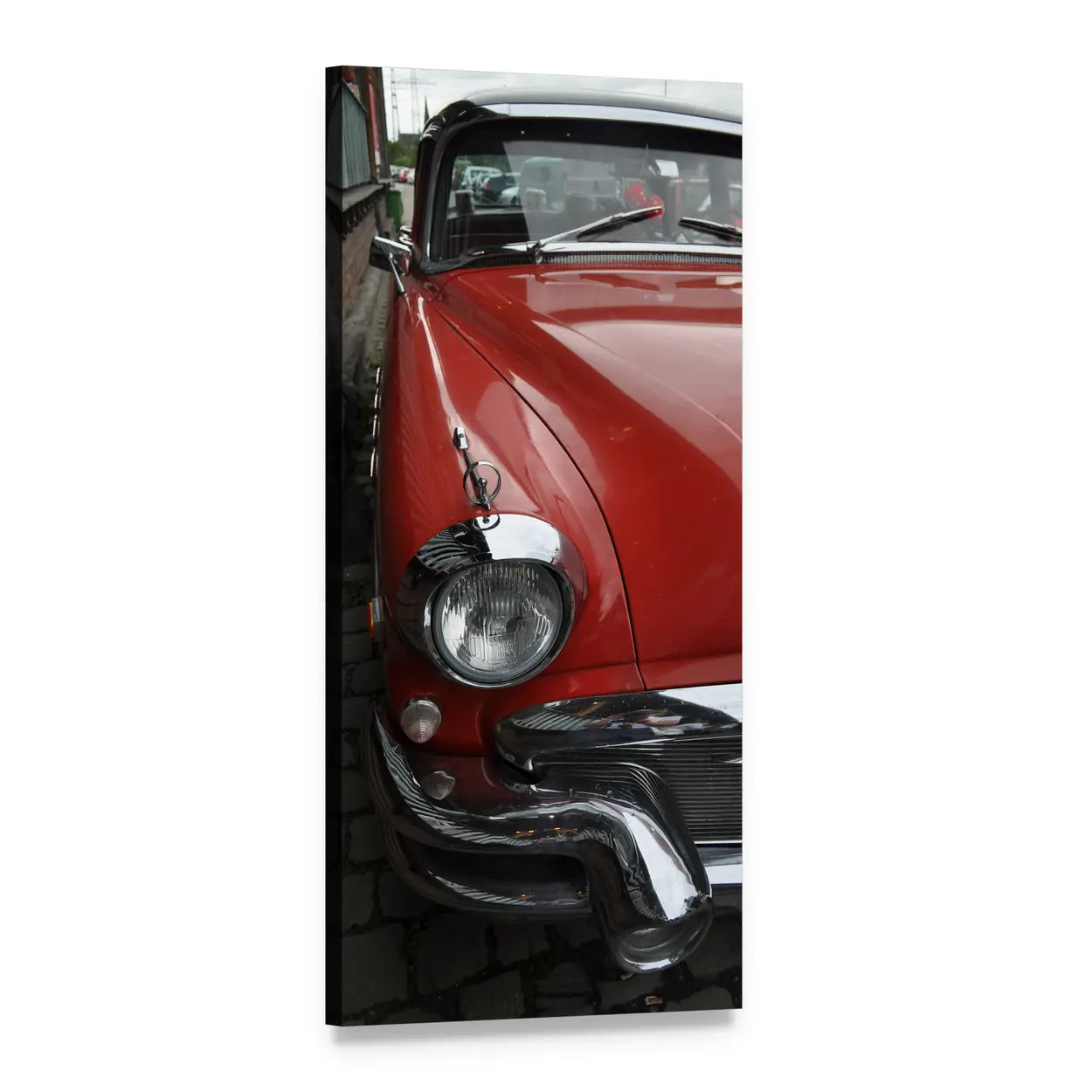 Red Vintage Car Close-up Vertical Canvas Wall Art, 1 panel 1 Vertical layout gallery wrapped canvas set, angled product view