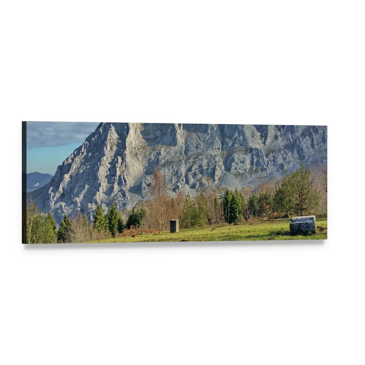 Limestone Peaks Over Grassy Meadow Panoramic Canvas Wall Art, single panel gallery wrapped canvas, angled product view