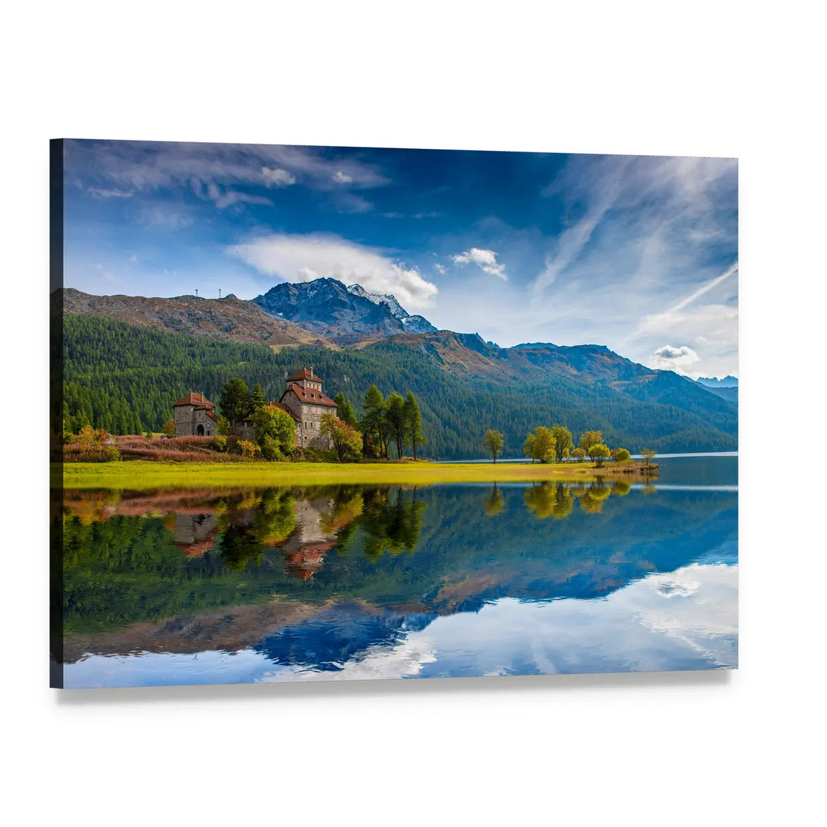 Da Sass Castle on Lake Silvaplana Canvas Wall Art, single panel gallery wrapped canvas, angled product view